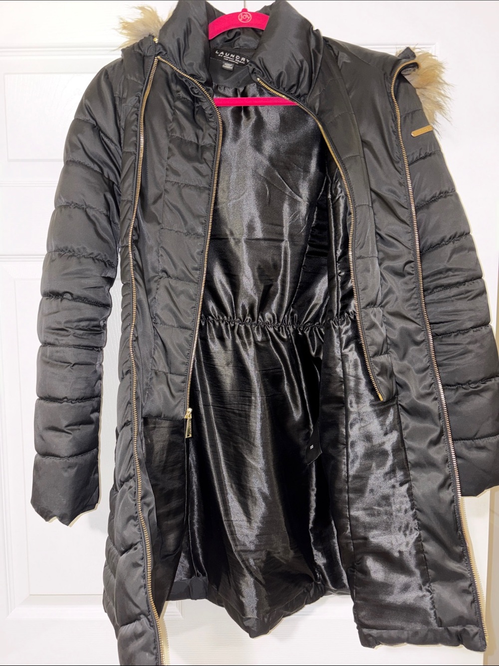 Laundry by Shelli Segam Black Quilted Faux-Fur Trim Long Puffer Coat